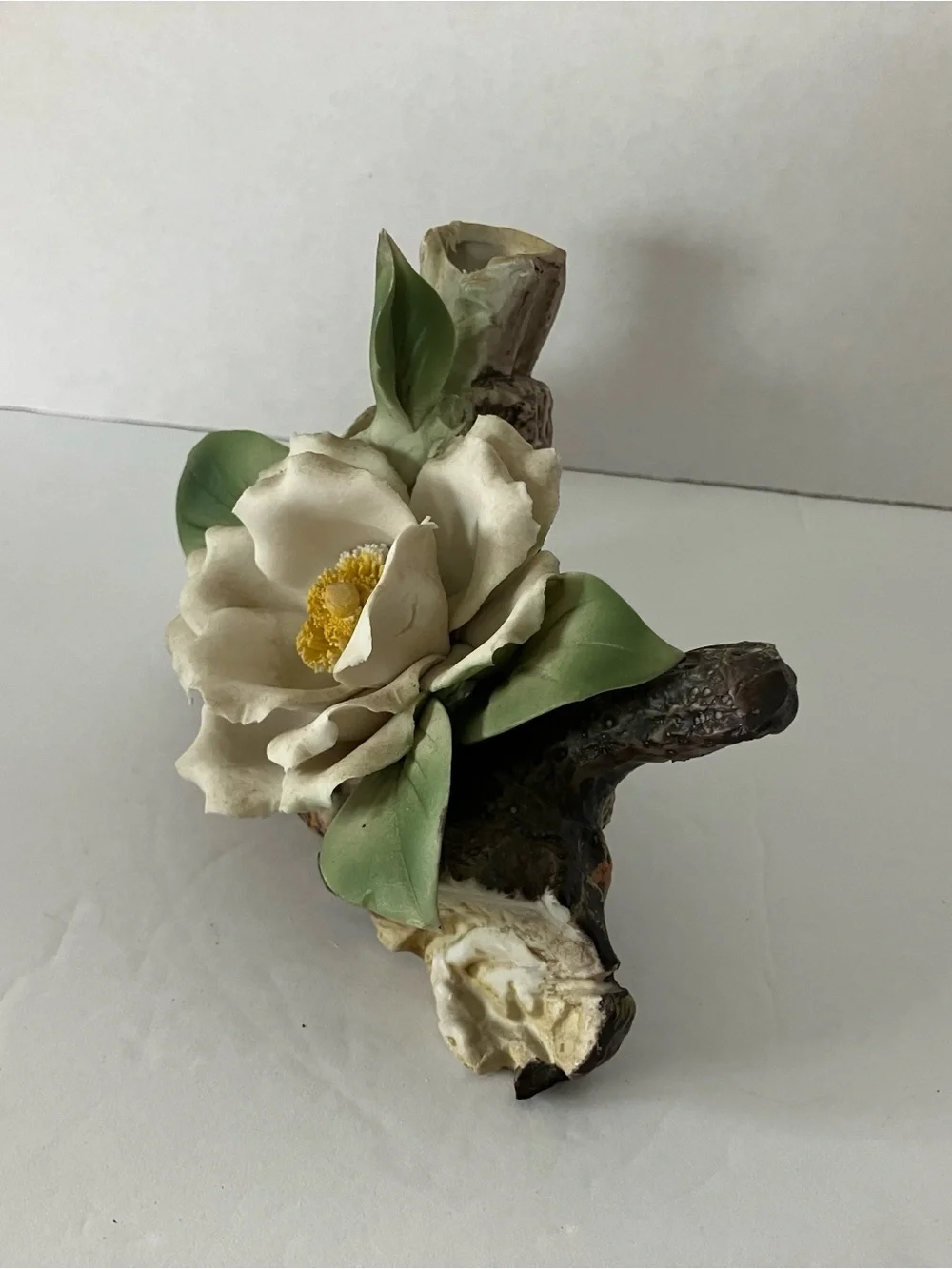 Porcelain White Flower Accent Vase with Green Leaves